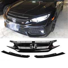 SUPAPRO Gloss Black Front Bumper Grille w/Chrome Emblem for 16-18 Honda Civic